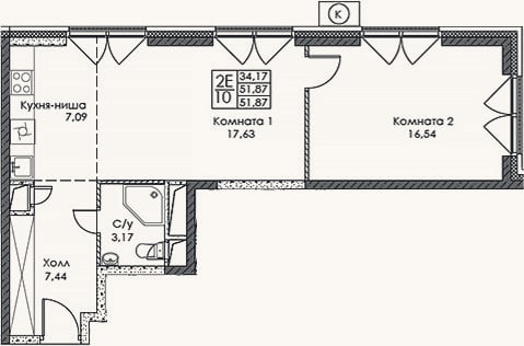 Планировка: 2-к, 51,9 м²