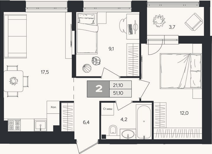 Планировка: 2-к, 49,3 м²