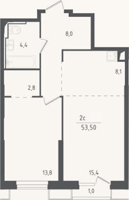 Планировка: 2-к, 52,5 м²