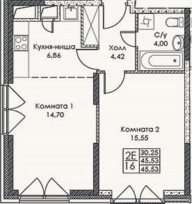Планировка: 2-к, 45,5 м²