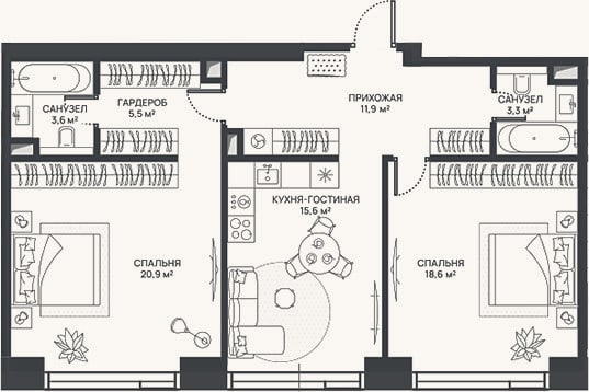 Планировка: 3-к, 79,4 м²
