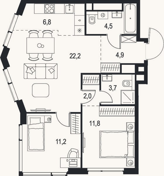 Планировка: 3-к, 67,1 м²