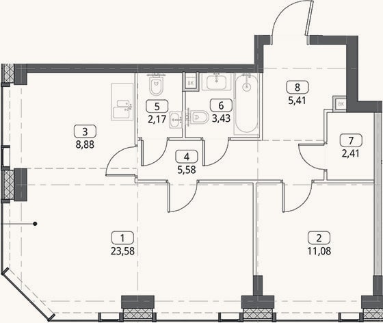 Планировка: 2-к, 62,5 м²
