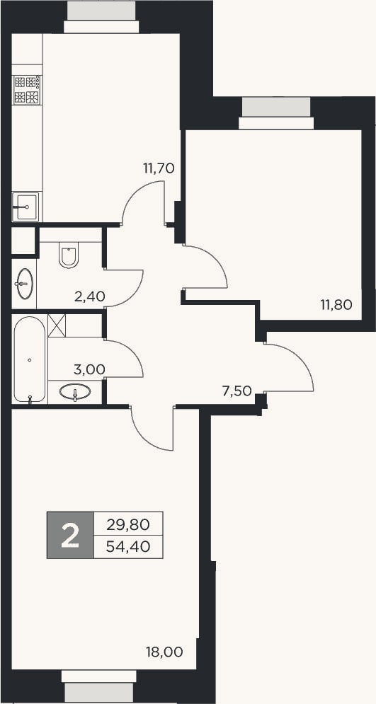Планировка: 2-к, 54,4 м²