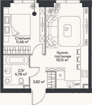 Планировка: 2-к, 39,2 м²