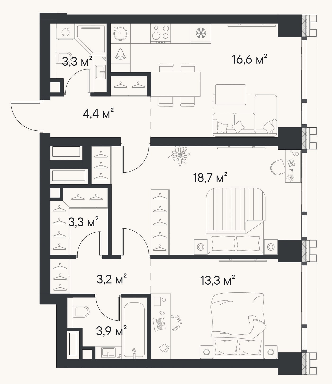 Планировка: 2-к, 66,7 м²