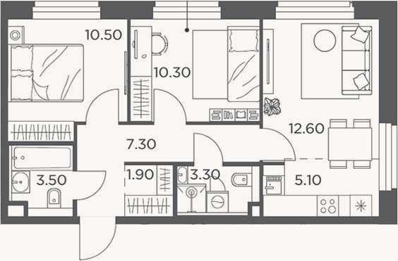 Планировка: 3-к, 54,5 м²