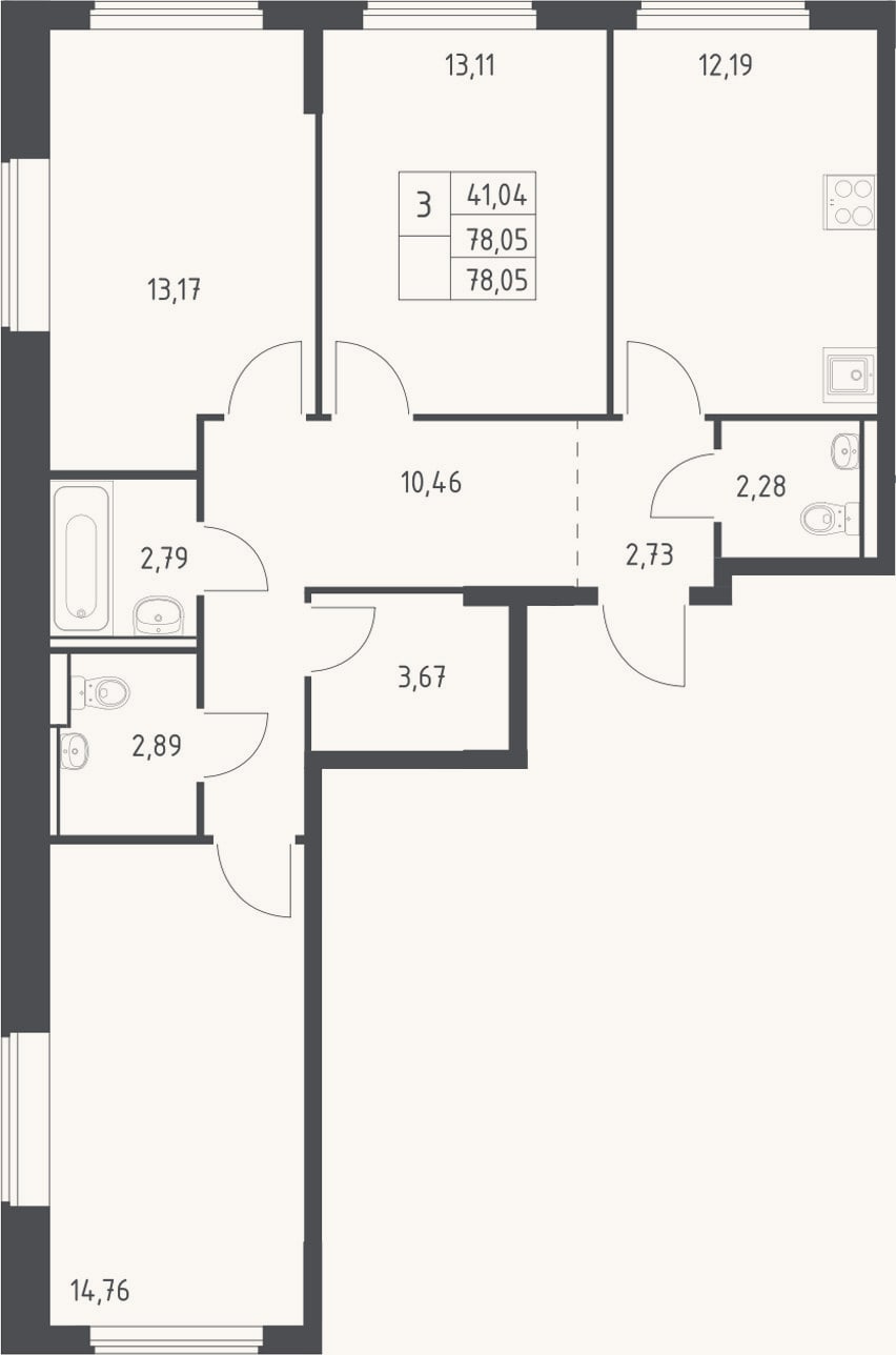 Планировка: 3-к, 78,1 м²