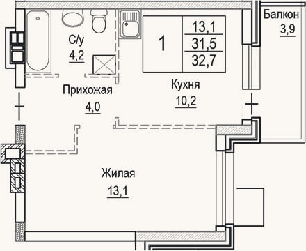 Планировка: 1-к, 31,5 м²