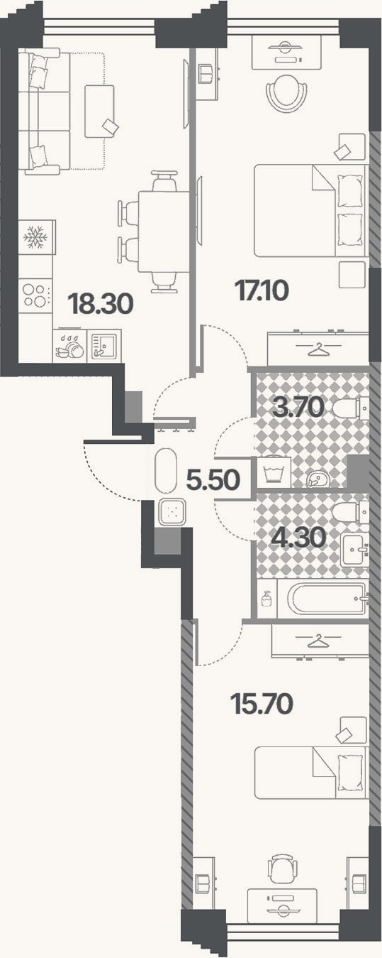 Планировка: 3-к, 64,6 м²