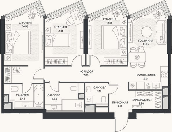 Планировка: 4+ к, 91,8 м²