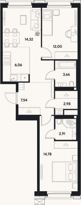 Планировка: 3-к, 64,3 м²