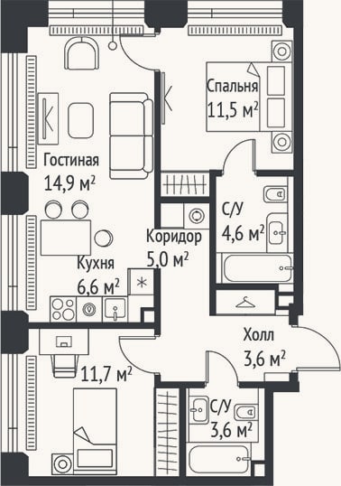 Планировка: 3-к, 61,4 м²
