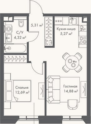 Планировка: 2-к, 42,5 м²