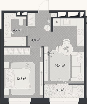 Планировка: 2-к, 38,6 м²