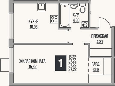 Планировка: 1-к, 37,2 м²