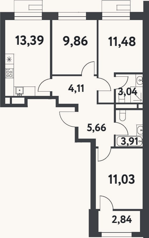 Планировка: 3-к, 62,5 м²