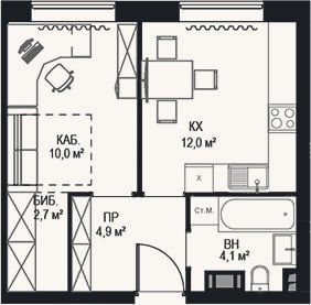 Планировка: 1-к, 33,7 м²