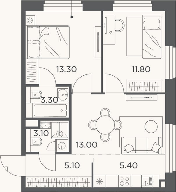 Планировка: 3-к, 55 м²