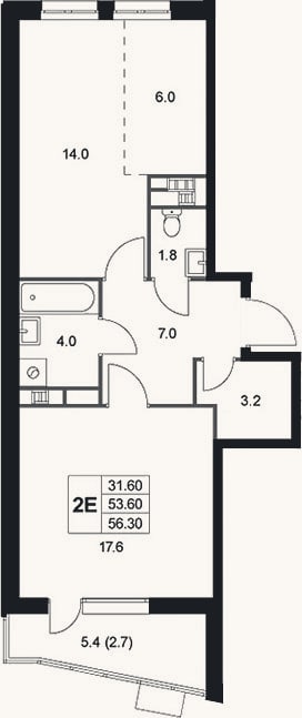 Планировка: 2-к, 53,6 м²
