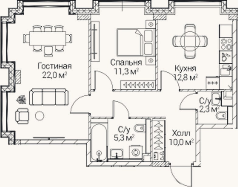Планировка: 2-к, 63,5 м²