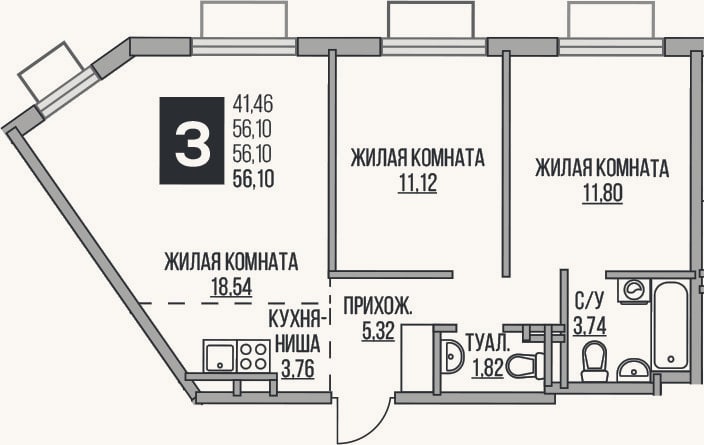 Планировка: 3-к, 56,1 м²