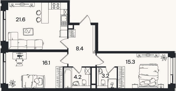 Планировка: 3-к, 68,8 м²