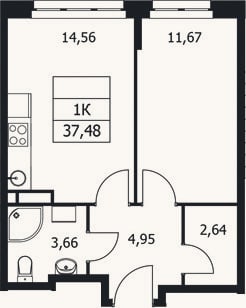 Планировка: 1-к, 37,5 м²
