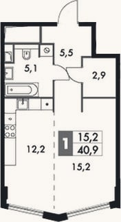 Планировка: Студия, 40,9 м²