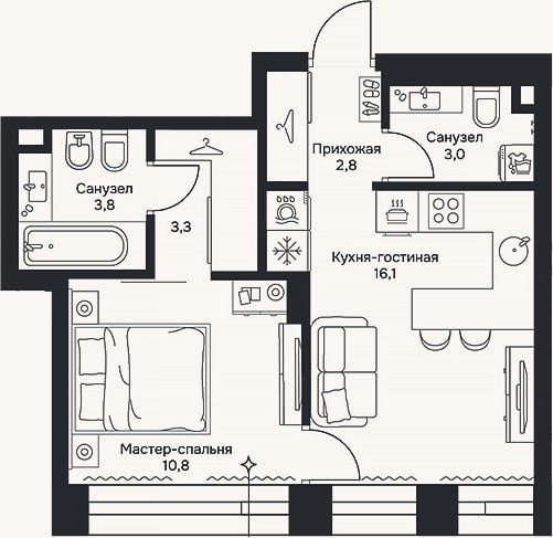 Планировка: 2-к, 39,8 м²