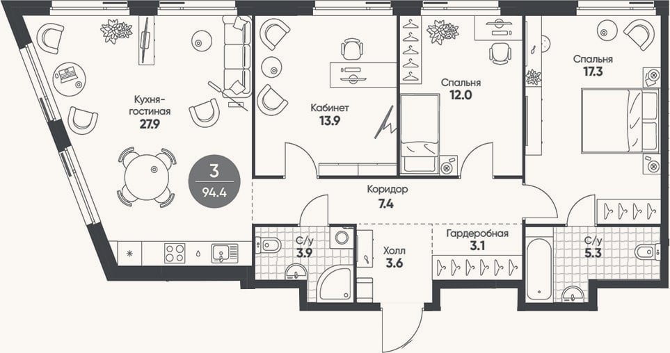 Планировка: 4+ к, 94,4 м²