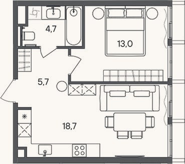 Планировка: 1-к, 42,1 м²