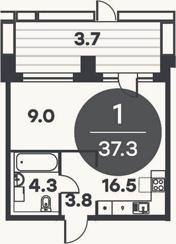 Планировка: 1-к, 36,5 м²