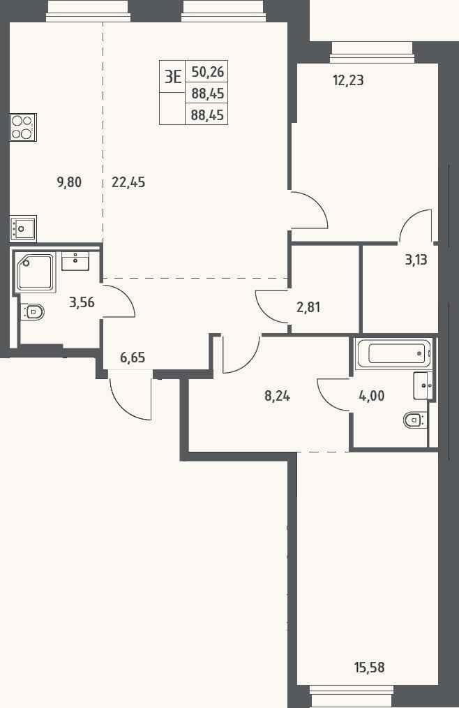 Планировка: 3-к, 88,5 м²