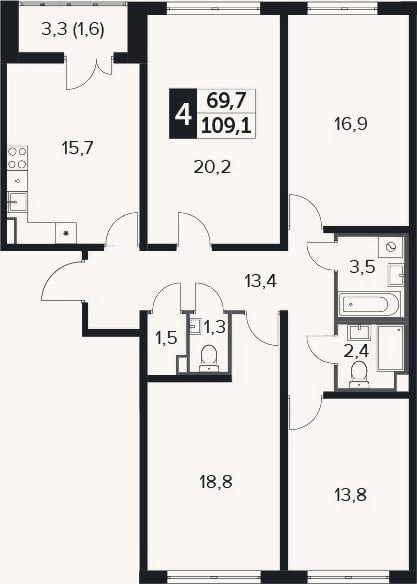 Планировка: 4+ к, 107,5 м²