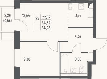 Планировка: 2-к, 34,3 м²