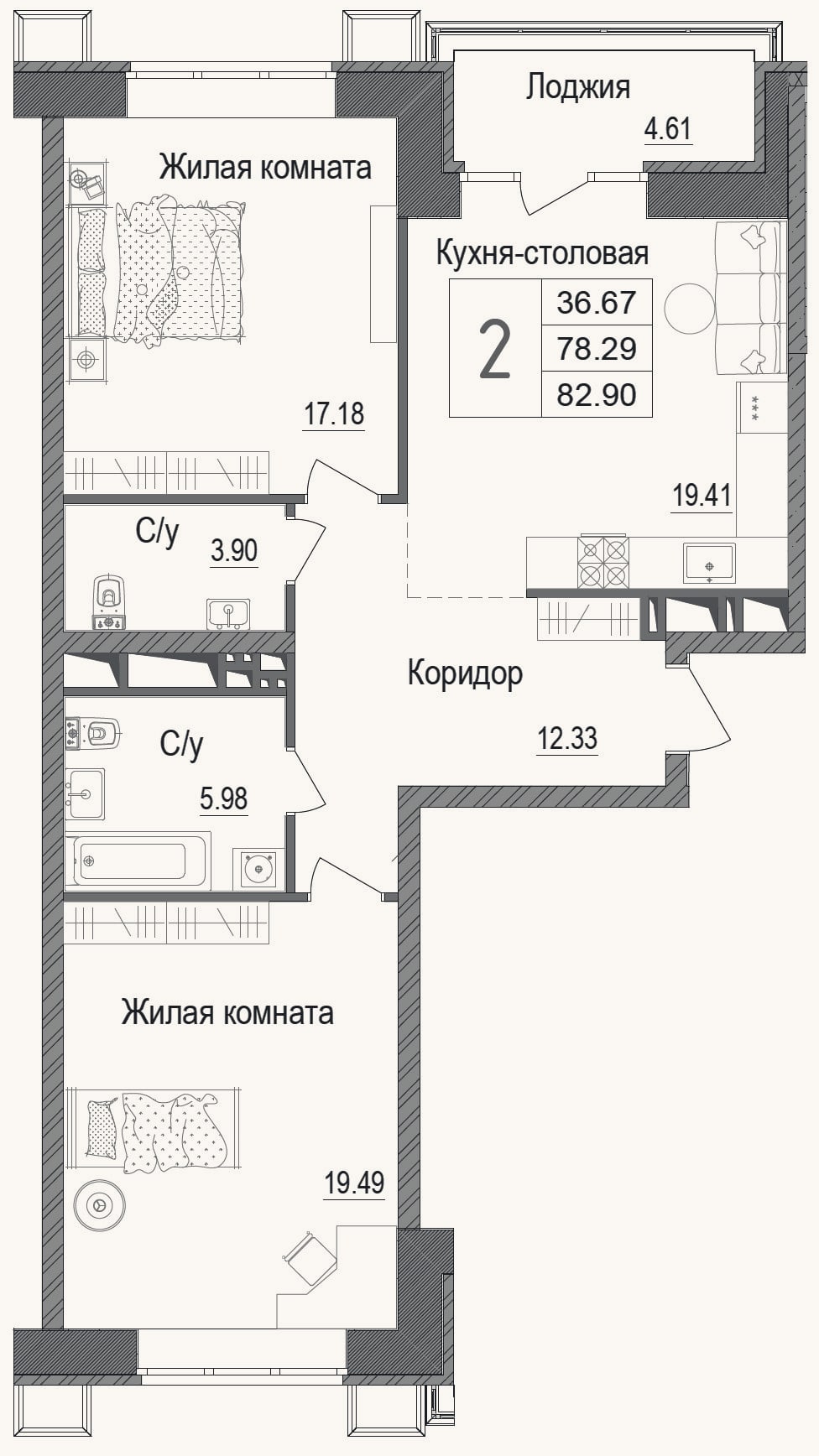 Планировка: 2-к, 76,9 м²