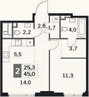 Планировка: 2-к, 45 м²