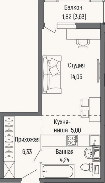 Планировка: Студия, 29,6 м²