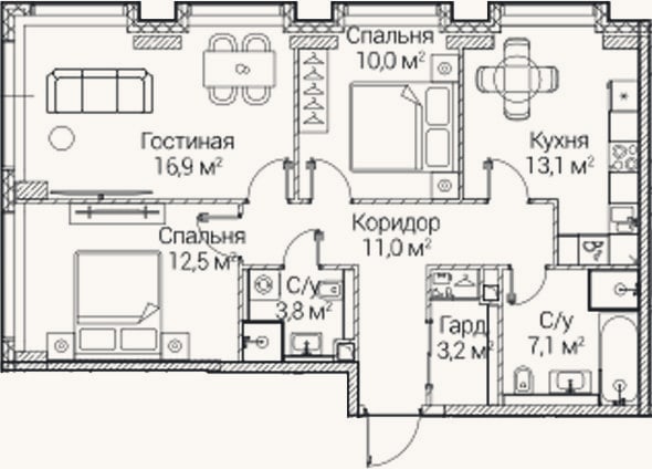 Планировка: 3-к, 77,6 м²