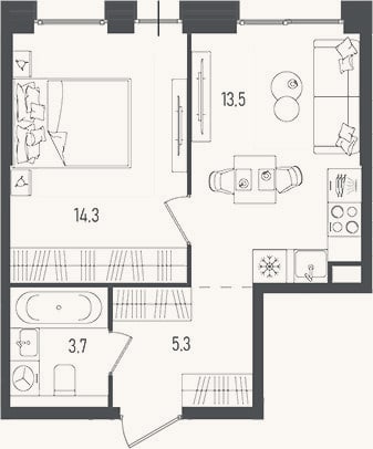 Планировка: 1-к, 36,8 м²