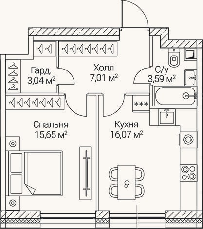 Планировка: 1-к, 45,4 м²