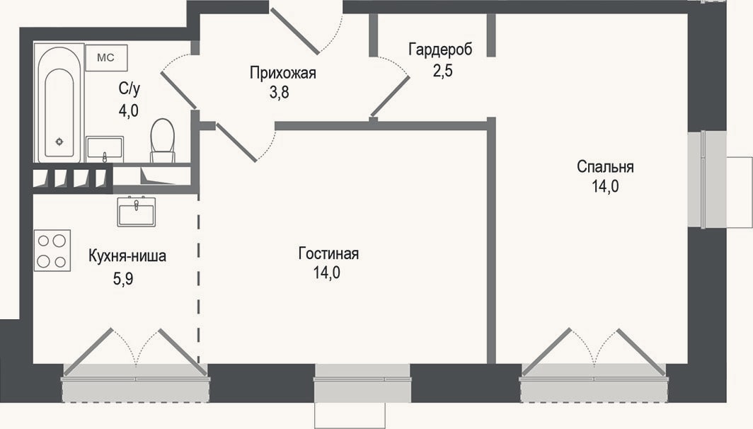 Планировка: 2-к, 44,2 м²