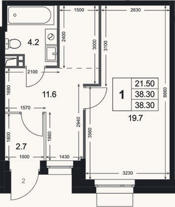 Планировка: 1-к, 38,3 м²