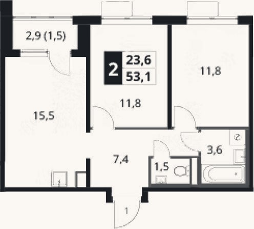 Планировка: 2-к, 51,6 м²