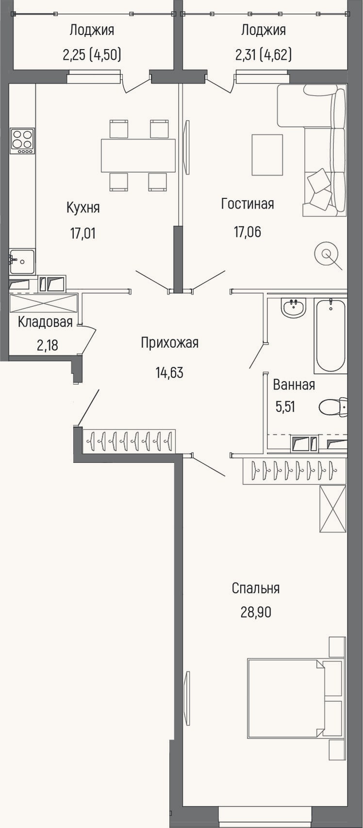 Планировка: 2-к, 81,9 м²