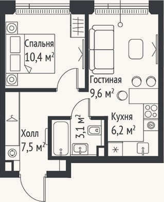 Планировка: 2-к, 36,7 м²