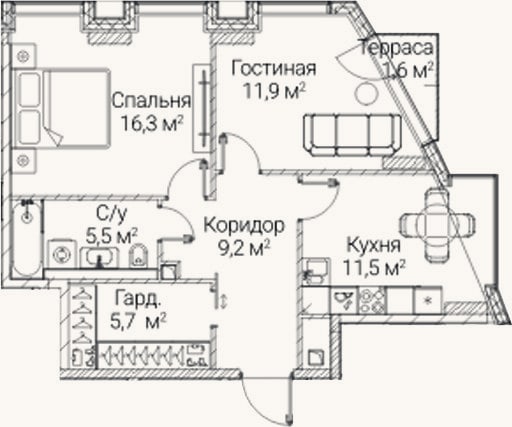 Планировка: 2-к, 58,9 м²