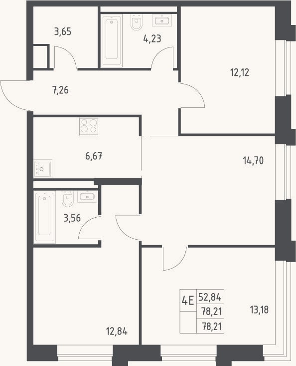 Планировка: 4+ к, 78,2 м²