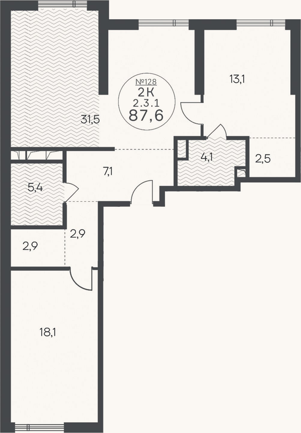Планировка: 3-к, 87,6 м²